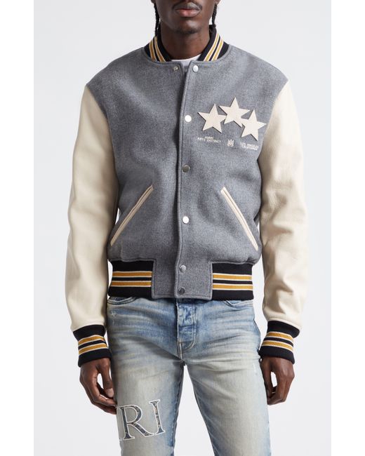 Amiri Gray Star Appliqué Leather Sleeve Virgin Wool Blend Varsity Jacket for men