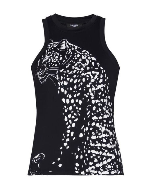 Balmain Black Leopard Print Tank Top