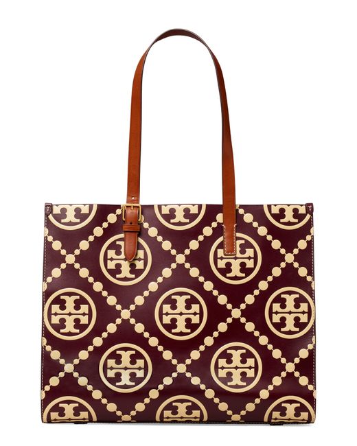 Tory Burch Red T Monogram Contrast Embossed Leather Tote