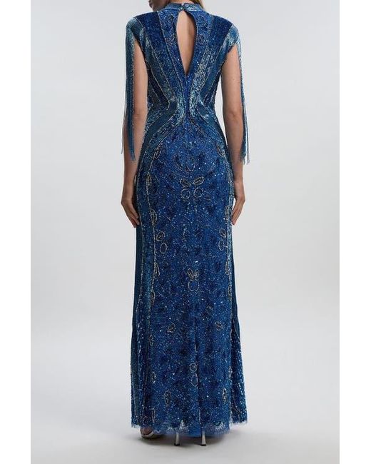 karen millen blue maxi dress Karen Millen Embellished One Shoulder Printed Maxi Dress in Blue