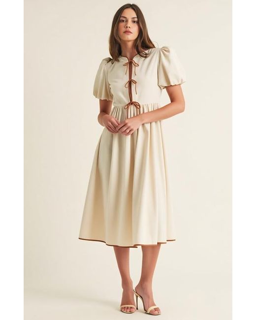 Modenaire Natural Midi Puff Sleeve Dress With Contrast Ties And Hemline Trim