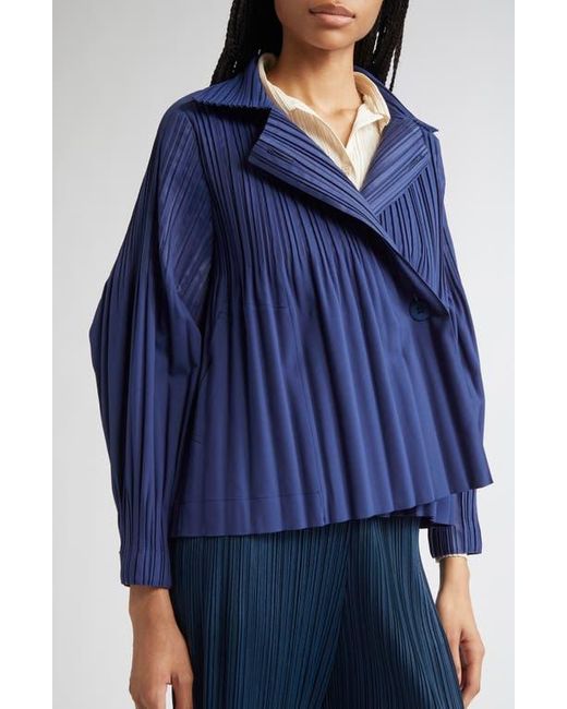 Pleats Please Issey Miyake Blue Smooth Pleated Coat