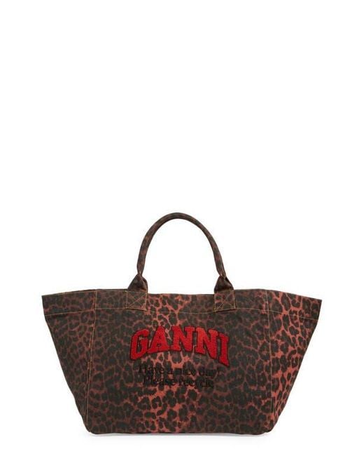 Ganni Red Xxl Leopard Print Shopper Bag