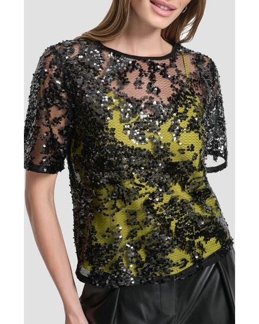 DKNY Black Sequin Overlay Boxy Top