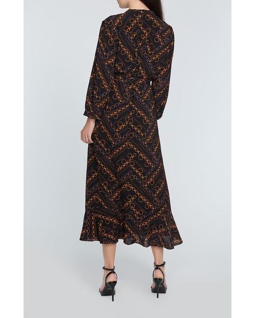 Tahari Black The Mila Chain Print Pleated Long Sleeve Stretch Silk Midi Dress