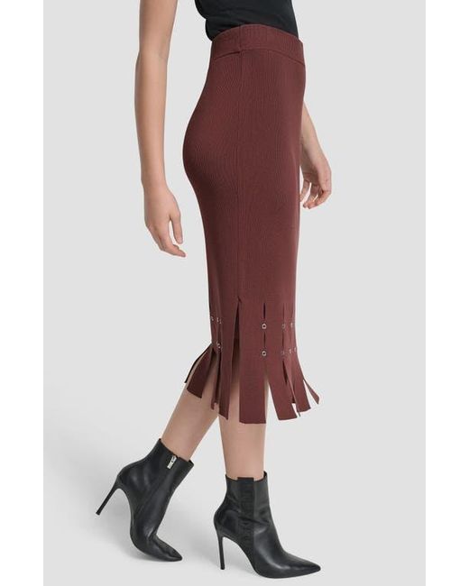 DKNY Red Grommet Trim Fringe Hem Sweater Midi Skirt