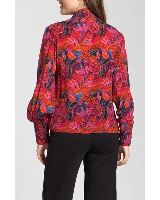 Apny Red Puff Shoulder Button Front Top