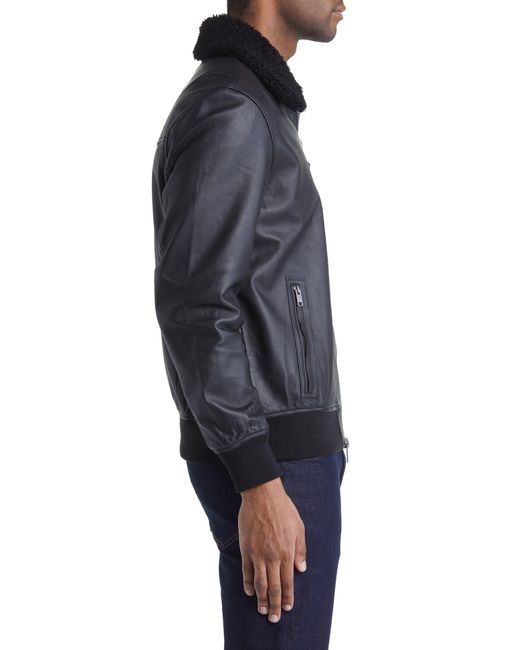 Frye Blue Leather Bomber Jacket With Removable Faux Shearling Collar for men