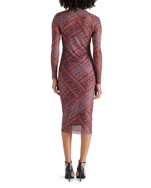 Steve Madden Red Vivienne Scarf Print Long Sleeve Turtleneck Mesh Midi Dress
