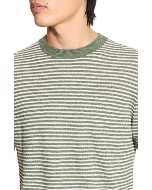 Theory Green Stripe Short Sleeve Linen & Cotton Blend Crewneck Sweater for men