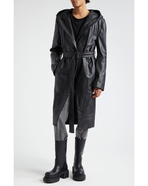 Rick Owens Black Hooded Leather Wrap Coat for men