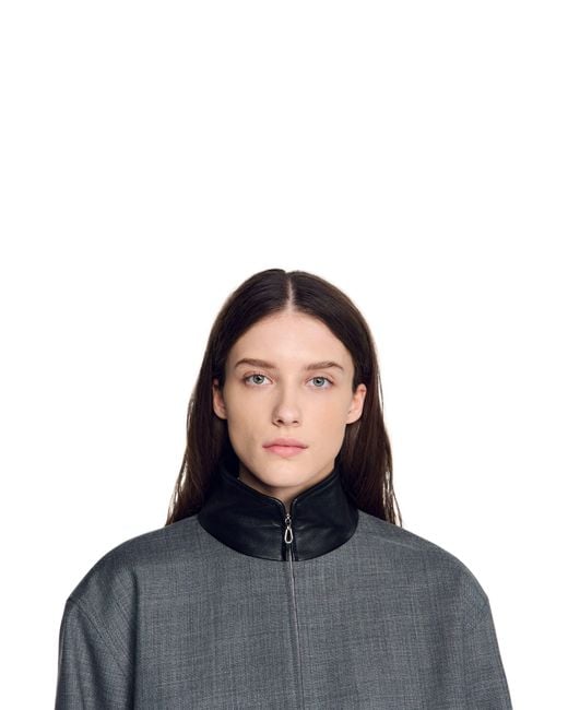 Sandro Blue Oversized Leather-Collar Jacket