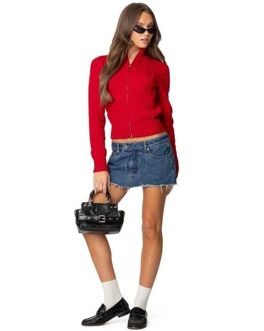 Edikted Red Ryn Cable Zip Sweater