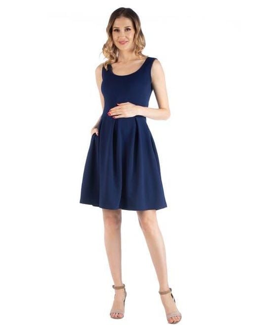 24seven Comfort Apparel Blue Maternity Sleeveless Pleated Dress With Pockets