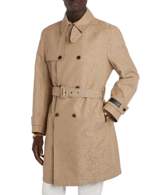 Versace Natural Barocco Jacquard Cotton Gabardine Trench Coat for men