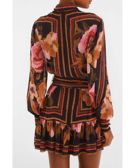 Farm Rio Brown Floral Print Long Sleeve Minidress