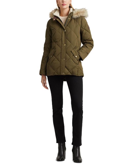 Lauren by Ralph Lauren Green Diamond Faux Fur Trim Quilted Down & Feather Fill Hooded Puffer Coat