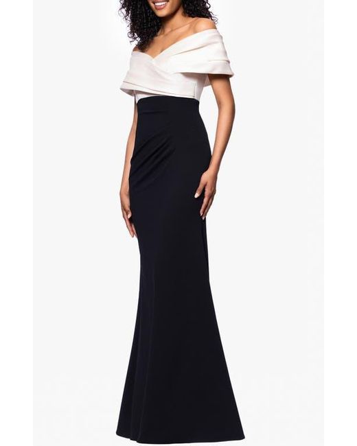 Betsy & Adam Blue Off The Shoulder Scuba Crepe Gown