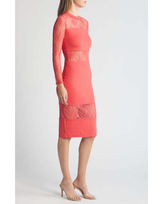 Bebe Red Lace Inset Long Sleeve Midi Dress