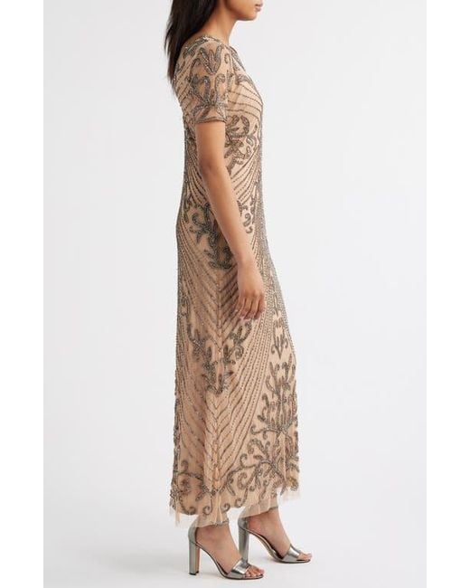 Pisarro Nights Brown Illusion Beaded Mesh Column Gown