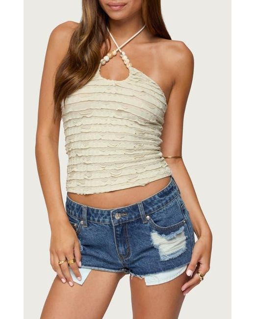 Edikted Blue Ruffle Crop Halter Top