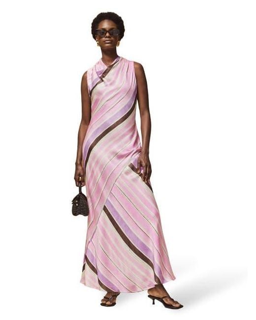 rozo satin dress Ro&zo Phoebe Stripe Cowl Neck Satin Dress in Pink