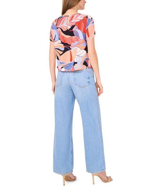Vince Camuto Blue Palm Print Rolled Cuff Top