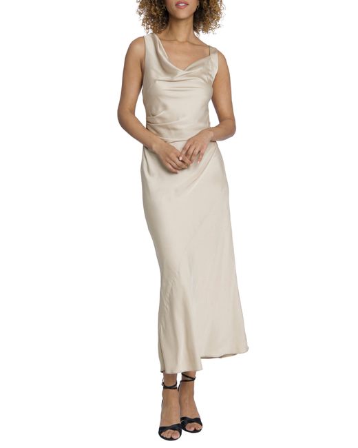 Maggy London Natural Draped Asymmetric Cowl Neck Gown