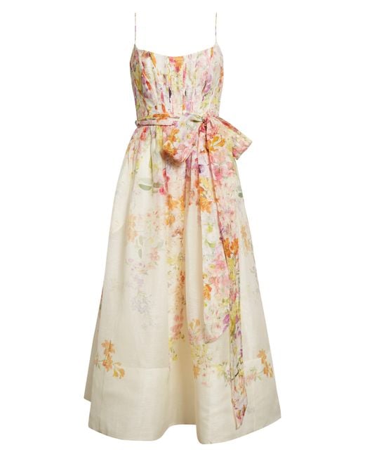 Zimmermann Multicolor Natura Floral Linen & Silk Organza Corset Midi Dress