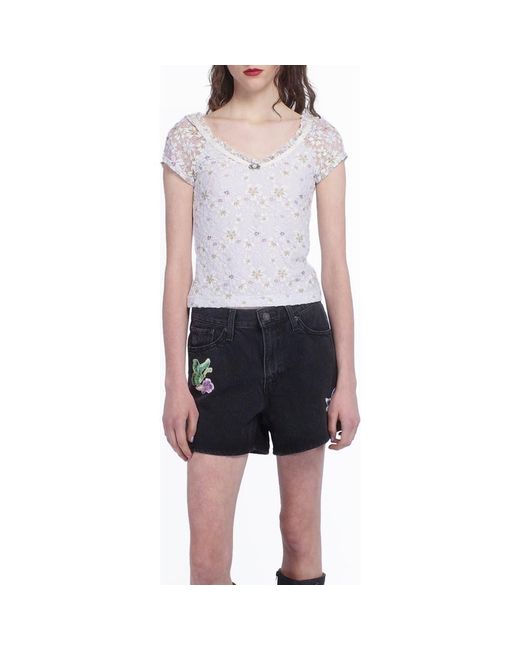 Anna Sui White Pansy Stretch Lace Short Sleeve Top