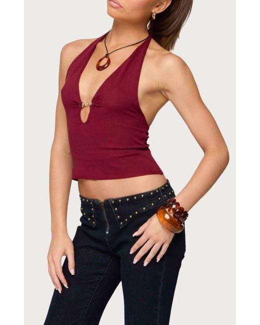 Edikted Red Missie Plunge Knit Halter Top