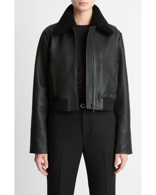 Vince Black Shrunken Leather Jacket With Genuine Shearling Collar