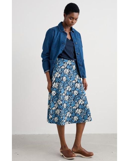 Seasalt Cornwall Blue Rose A-Line Stretch Organic Cotton Midi Skirt