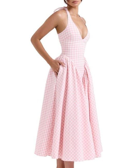 House Of Cb Pink Marilyn Gingham Halter Midi Sundress