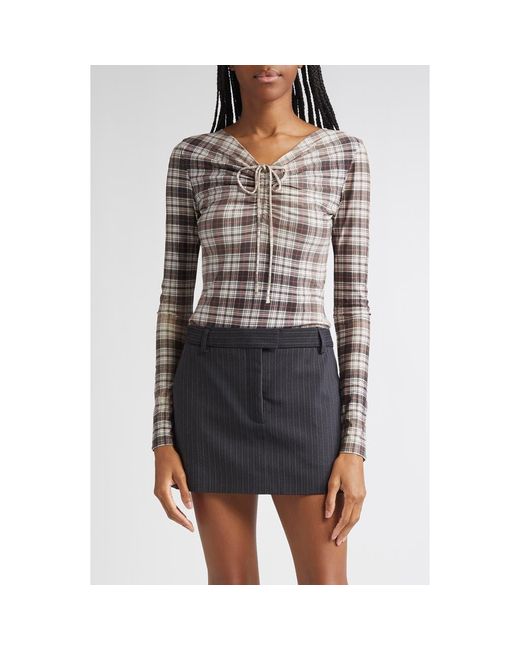Acne Brown Ebrooke Faded Check Ruched V-Neck Mesh Top