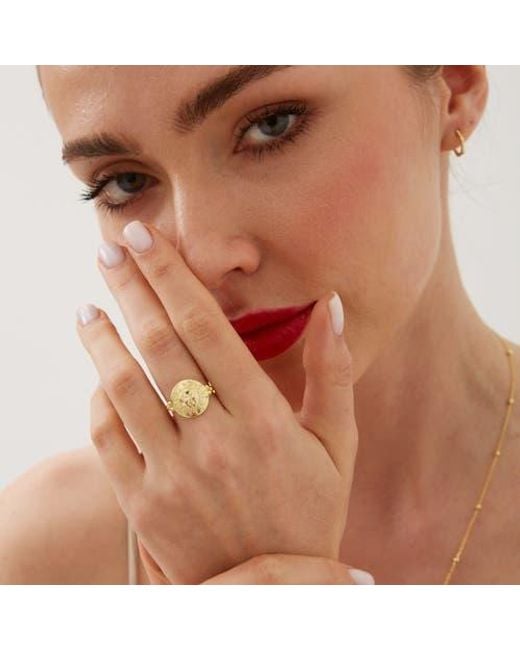 Spero London Yellow Sun Face Embossed Sterling Medal Ring