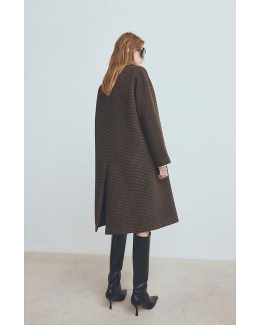 Mango Brown Micro Houndstooth Wool Blend Double Breasted Coat