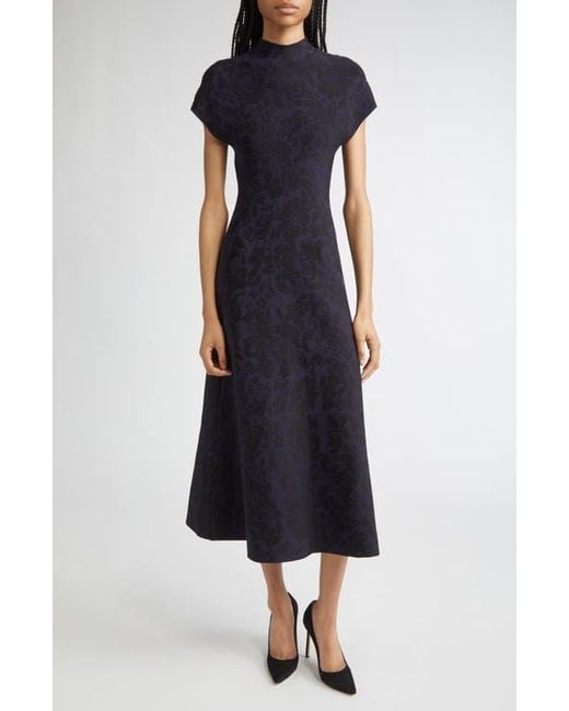 Lela Rose Women's Blue Mock Neck Floral Jacquard Midi Dress