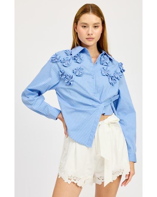 En Saison Blue Lilith Stripe 3D Flower Asymmetric Button-Up Shirt