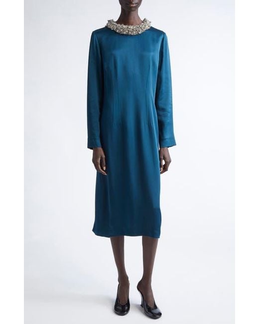 Dries Van Noten Danora Embellished Long Sleeve Satin Dress in Blue | Lyst