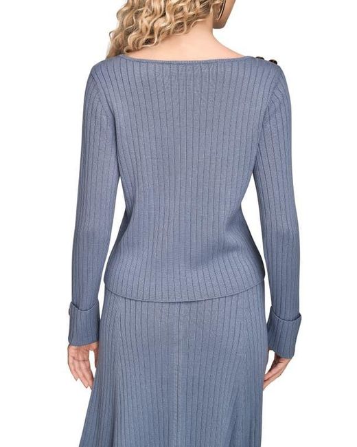 Donna Karan Blue Button Shoulder Boat Neck Rib Sweater