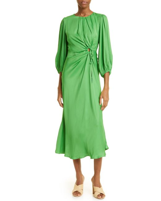FARM Rio Solid Blouson Sleeve Cutout Midi Dress in Green | Lyst
