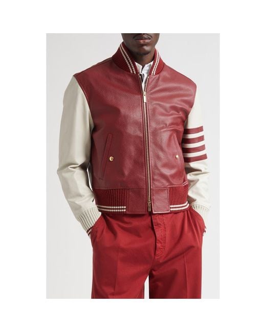 Thom Browne Red 4-Bar Leather Varsity Jacket for men