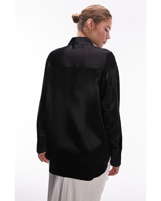 TOPSHOP Black Oversize Satin Button-up Shirt