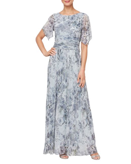 Sl Fashions Gray Floral Print Metallic Ruched Gown