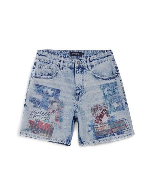 Desigual Blue Patchwork Pattern Denim Shorts