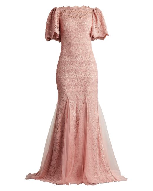 Tadashi Shoji Pink Flutter Sleeve Corded Lace Trumpet Gown