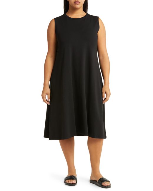 Eileen Fisher Crewneck Jersey Midi Dress in Black | Lyst