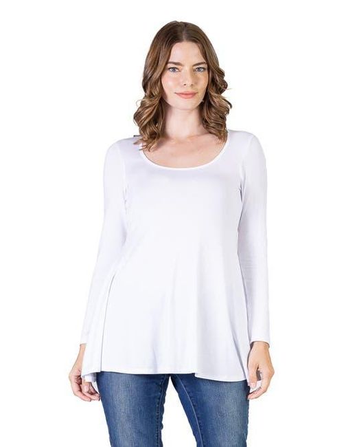 24seven Comfort Apparel White Long Sleeve Solid Color Swing Style Flared Tunic Top