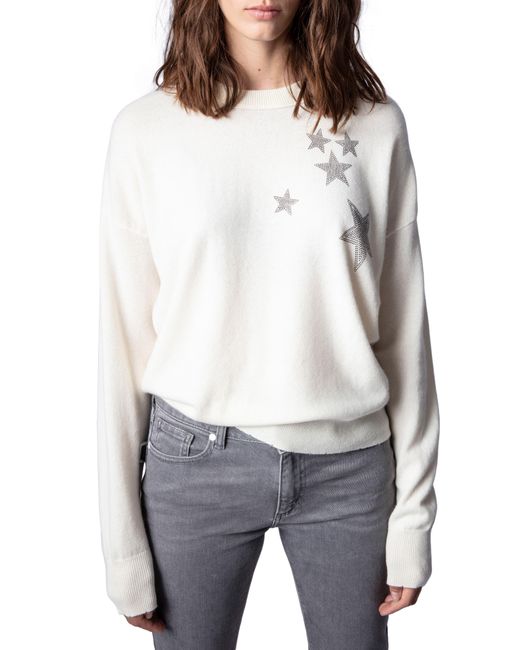 Zadig & Voltaire Gaby Strass Stars Wool & Cashmere Sweater in White | Lyst